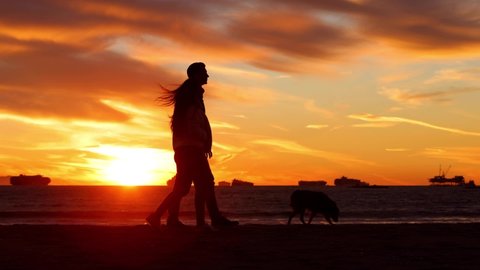 Happy couple walking and playing with their dog on the beach at sunset.