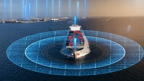 Futuristic Technology Sonar wave Cargo container ship with Sensors Scanning line effects concept Autonomous ship Auto Pilot technology logistic export import transportation global business technology - Powered by Shutterstock - Get 15% off with code: PIKWIZARD15