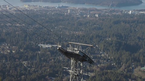 Grouse Mountain gondola tower with city in background. North Vancouver, British Columbia, Canada.