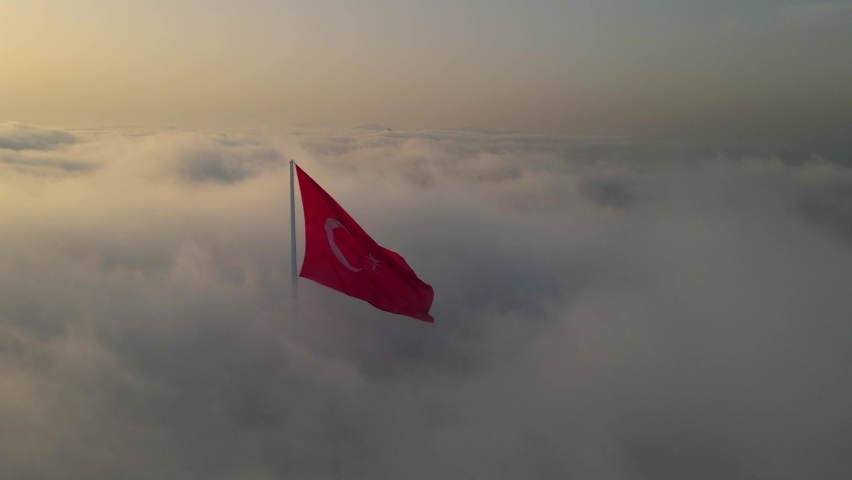Turkish Flag Pole in the Fog Drone Video, Camlica Hill Uskudar, Istanbul Turkey Royalty-Free Stock Footage #1090465281