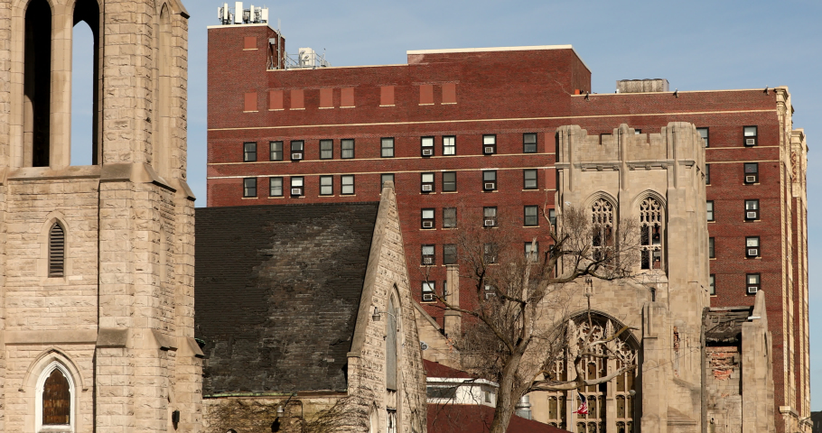 Sunset shines on the historic central core of downtown Gary, Indiana, USA.