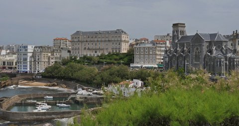 Biarritz, the old harbour  and Saint Eugenie church,  the Basque country, France