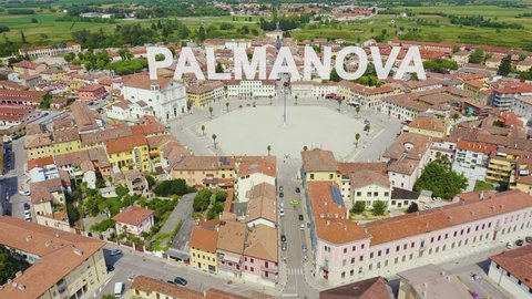 Inscription on video. Palmanova, Udine, Italy. An exemplary fortification project of its time was laid down in 1593. Glitch effect text, Aerial View