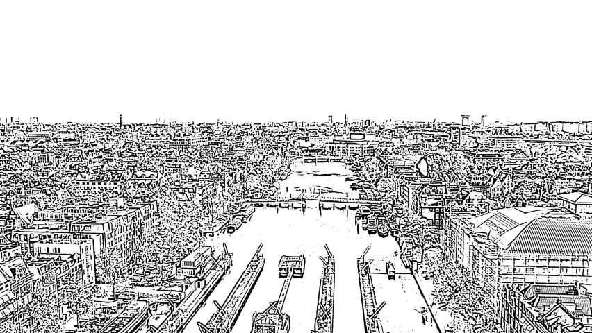 Amsterdam, Netherlands. An aerial flight over the Amstel River reveals a continuous pencil-line panorama of the city