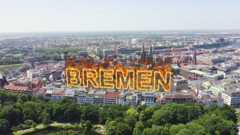 Inscription on video. Bremen, Germany. The historic part of Bremen, the old town. Bremen Cathedral ( St. Petri Dom Bremen ). View in flight. Name is burning, Aerial View, Point of interest