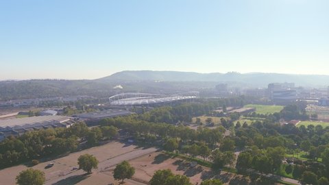 STUTTGART, GERMANY - CIRCA 2020: Aerial view of capital city of German state of Baden-Württemberg, football stadium Mercedes-Benz Arena for soccer team VfB Stuttgart, sunny day (morning).