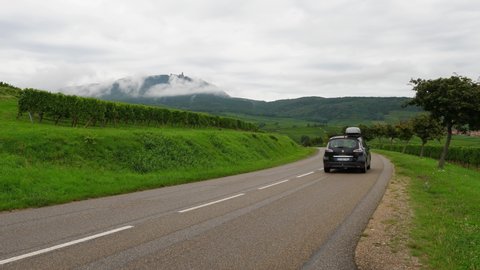 RORSCHWIHR, FRANCE - AUGUST 20, 2019: Road turn run between green vineyards of Alsace, medieval Haut-Koenigsbourg castle seen at top of mountain far away. Rainy summer day, cloudy sky and white clouds