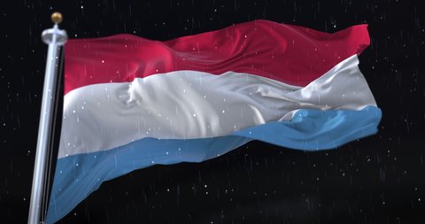 Luxembourg Flag Waving with rain and snow in the night. Loop