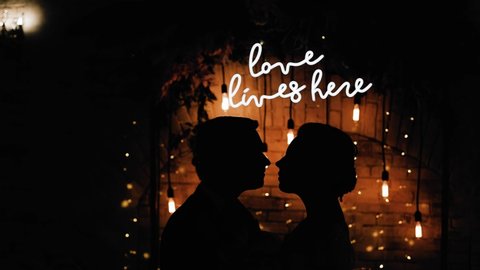 Silhouettes of two lovers kissing against the background of the inscription "love lives here"