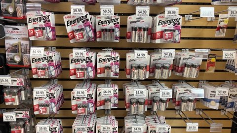 Springfield, IL USA - May 2, 2022: Rows of Energizer Batteries for sale at the Scheels Sporting Goods store in Springfield, Illinois.