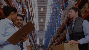 Animation of network of connections over diverse people in warehouse. global shipping, delivery and connections concept digitally generated video.
