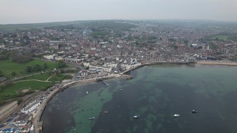 Swanage Dorset town UK high drone aerial view