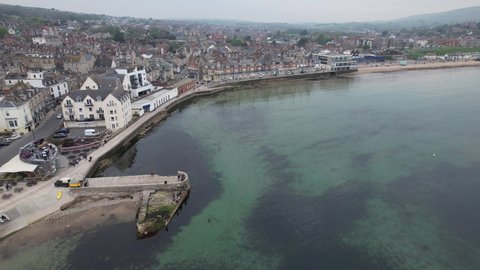 Swanage Dorset town and seafront UK drone aerial view