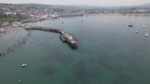 Pier at Swanage Dorset town UK drone aerial view