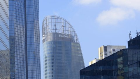Paris, France - May 2022 : Engie logo on the Tour T1 tower housing the headquarters of the French company in La Defense business district in Paris, France