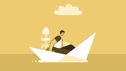 Yellow Style Man Flat Character Bail Water Out Water from Sinking Paper Boat. Isolated Loop Animation