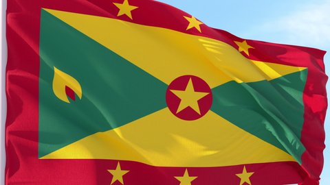 Grenada Flag Looping Background fluttering in the wind against a blue sky on a seamless loop.