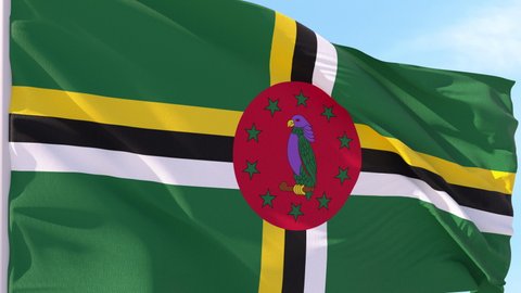 Dominica Flag Looping Background fluttering in the wind against a blue sky on a seamless loop.