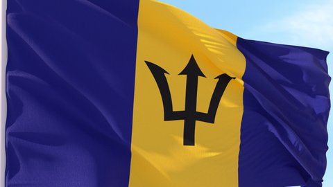 Barbados Flag Looping Background fluttering in the wind against a blue sky on a seamless loop.