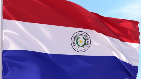 Paraguay Flag Looping Background fluttering in the wind against a blue sky on a seamless loop.