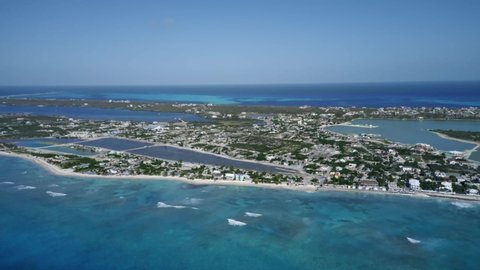 Aerial panoramic video of Cockburn Town, Grand Turk, Turks and Caicos, drone footage of tropical island

