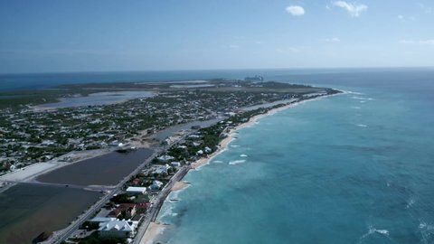 Drone video of coastline on the island of Grand Turk, Turks and Caicos, aerial footage of Cockburn Town
