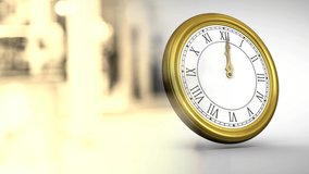 Animation of clock moving over blurred yellow and white background. business, city life and time concept digitally generated video.