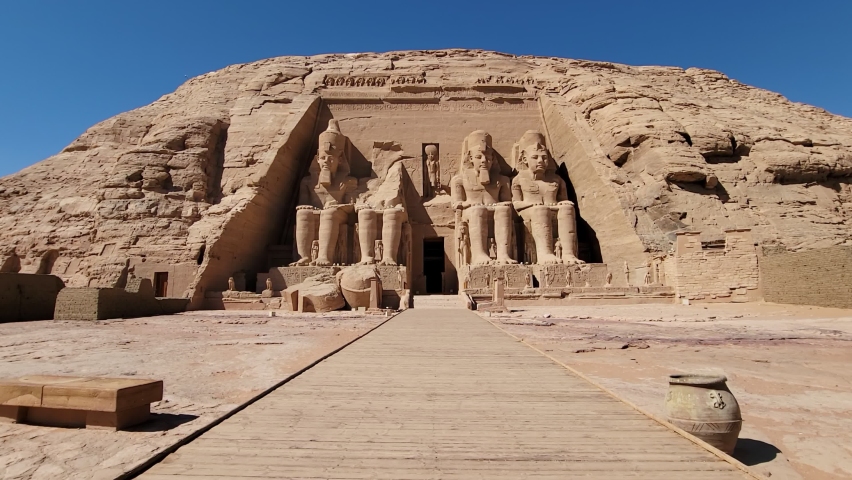 Aswan, Egypt : Great Abu Simbel ancient temple of Pharaoh Ramses II in southern Egypt in Nubia next to Lake Nasser. Royalty-Free Stock Footage #1090485417