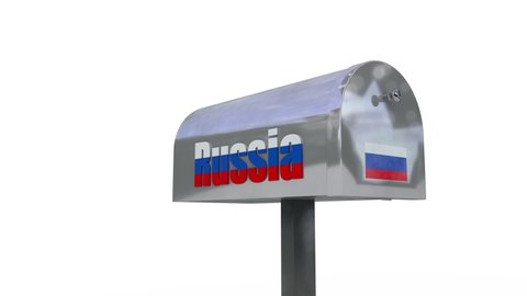 3d animation of the mailbox opening with the flag of Russia. There is an old bomb and a radiation sign in the mailbox. The idea of the threat of nuclear war, blackmail with atomic weapons.