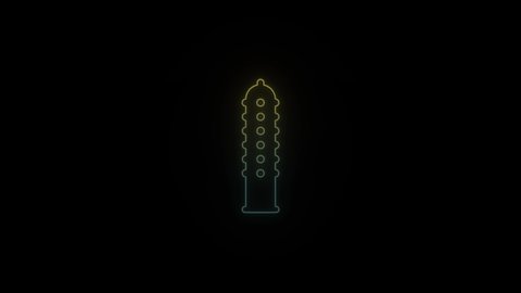 Glowing neon condom icon on black background. safe sex. love. 4K video animation for motion graphics and compositing.