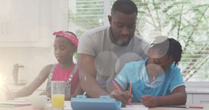 Animation of bokeh over happy african american father and children in kitchen. family and spending quality time together concept digitally generated video.