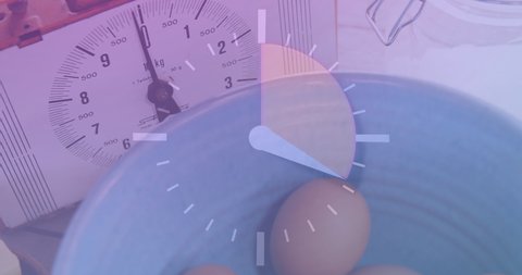 Animation of clock over timer and eggs. global business and digital interface concept digitally generated video.