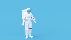 Surreal greeting astronaut or cosmonaut or spaceman in space suit, futuristic sci-fi cosmic galactic background, 3d render trendy contemporary creative animation, copy space, seamless loop video.