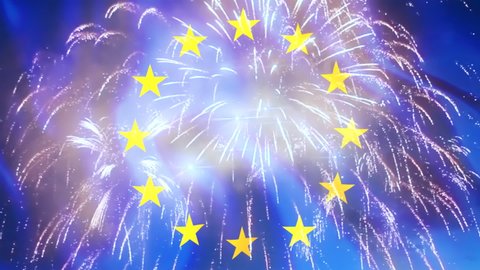 Europe day celebration. European union holiday night with grandiose fireworks. Waving flag on background as symbol of euro countries unity