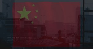 Animation of flag of china and data processing over cityscape. global business, finances and digital interface concept digitally generated video.