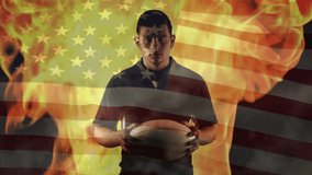 Animation of waving usa flag and flames over american football player. global sports and competition concept digitally generated video. - Powered by Shutterstock - Get 15% off with code: PIKWIZARD15