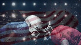 Animation of waving usa flag and falling confetti over american football player. global sports and competition concept digitally generated video. - Powered by Shutterstock - Get 15% off with code: PIKWIZARD15
