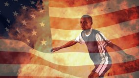 Animation of waving usa flag and falling confetti and flames over football player. global sports and competition concept digitally generated video. - Powered by Shutterstock - Get 15% off with code: PIKWIZARD15