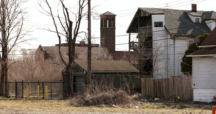 Afternoon light shines on a historic neighborhood in downtown Gary, Indiana, USA.