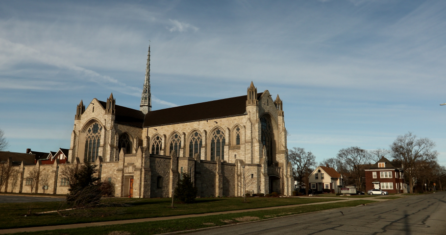 Historic churches stand in downtown Gary, Indiana, USA.