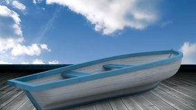 Animation of clouds moving on sky, boat and sea. climate, weather and sailing concept digitally generated video.