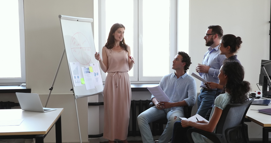 Smiling female manager present sales report to multiracial staff give information visually using graphs charts on whiteboard. Confident young lady speak to coworkers get applause for good presentation Royalty-Free Stock Footage #1090496097