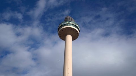 LIVERPOOL, UK - 2022: Aerial view of Liverpool radio city tower with wild birds