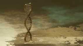 Golden  DNA molecule complex spiral structure on a gold background, medical, science, genetic biotechnology, gene cell concept. 3d rendering illustration. Rotation 360 degree. Loops video.