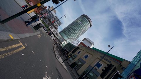 BIRMINGHAM, UK - 2022: Low rotating drone aerial view of Birmingham UK city centre 