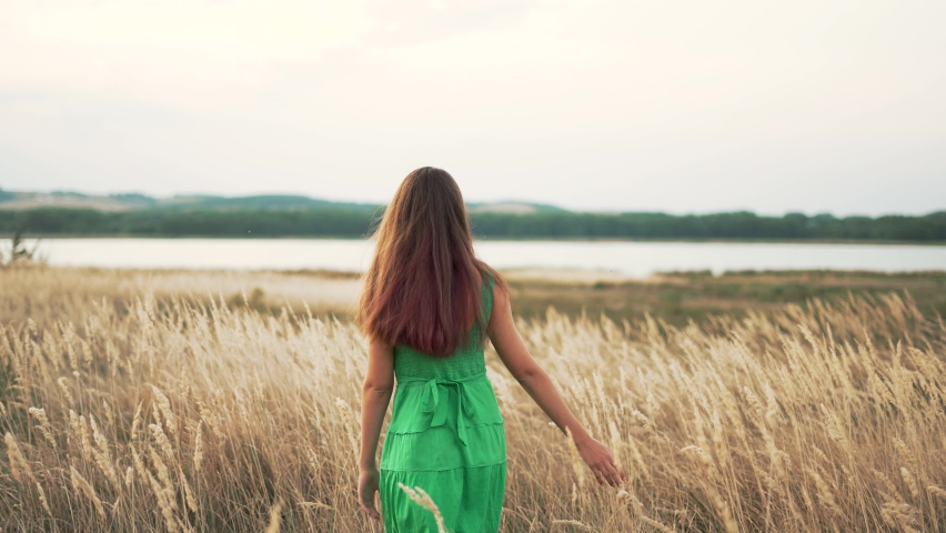 Young girl outdoors in park. Man walks on the grass in the field. Girl alone in nature. Teenager in the park walk on the grass. Girl in a green dress in the field. Teenager summer walk in natural park Royalty-Free Stock Footage #1090499063