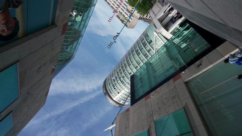 BIRMINGHAM, UK - 2022: Low fast spinning drone aerial view of Birmingham Bullring shopping centre