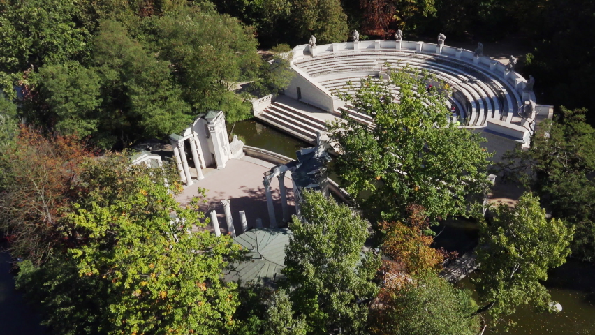 Famous public park Łazienki in Warsaw. Aerial view on summer day