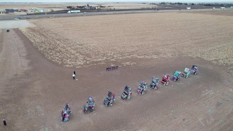 Amarillo , Texas , United States - 05 18 2022: Aerial View of Cadillac Ranch, Colorful Art Installation by Historic Route 66, Drone Shot