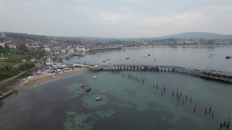 Swanage pier Dorset beach and town UK drone aerial view